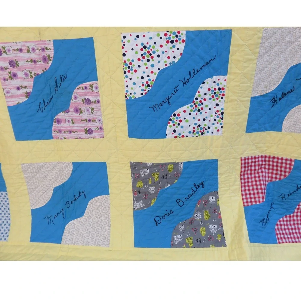 Vintage 1965‎ Handmade Friendship Quilt Embroidered Signed Patchwork Blue Yellow
